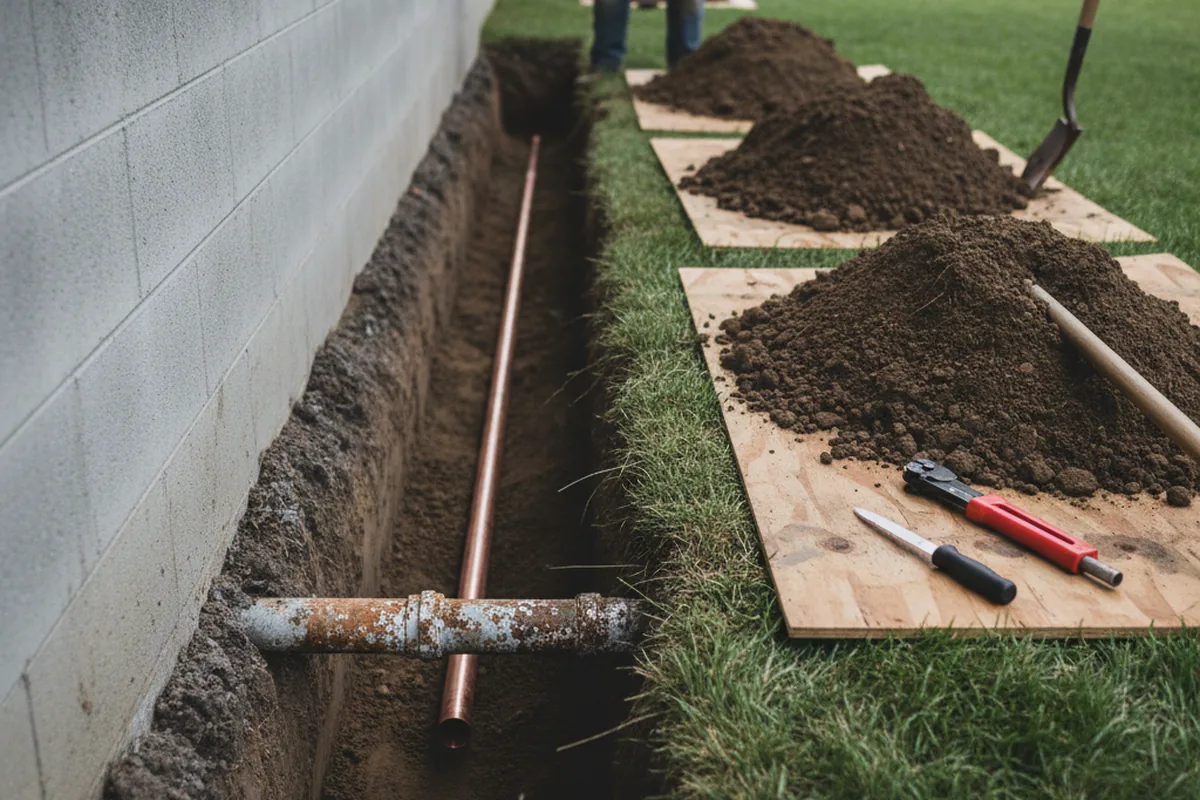 Excavated water line trench during Water Softener Installation in Ardmore